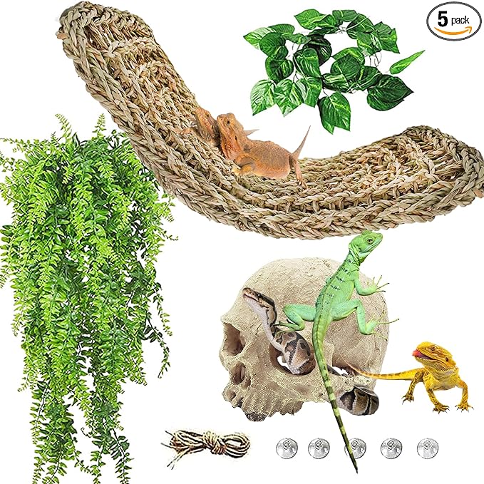 kathson Bearded Dragon Terrarium Skull Decoration, Reptile Tank Habitat Resin Human Skulls Hide Cave Hanging Vines Plants Accessories for Lizards Tortoise Chameleon Spider Reptiles Amphibians(4 PCS)