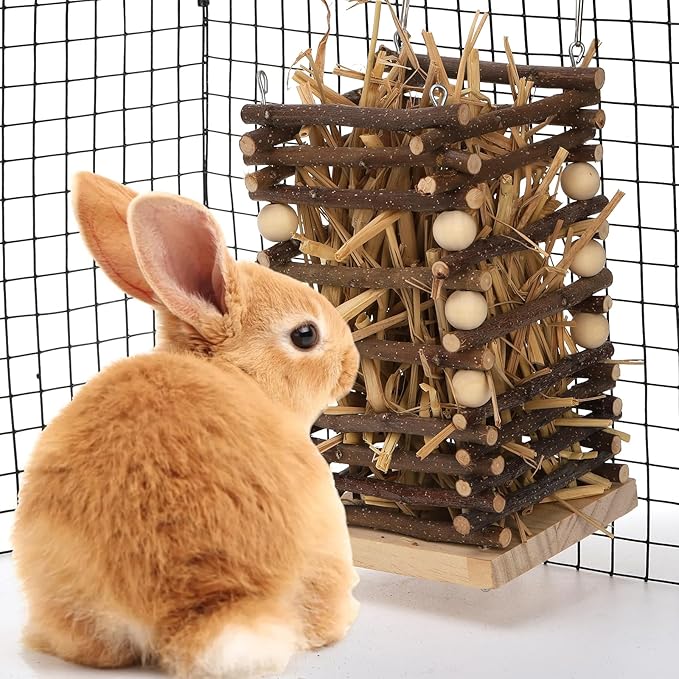 Eorbow Wood Rabbit Hay Feeder, 7" Hanging Grass Holder with 2 Hooks, Small Animals Feeding Hay Manager for Cage, Bunny Hay Feeder Rack for Chinchilla Guinea Pig Hamster Gerbil