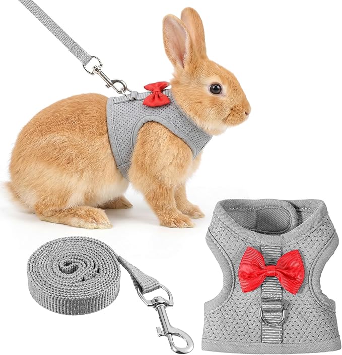 Bunny Leash and Harness Set, Breathable Rabbit Harness Vest, Adjustable Straps Design, Soft Mesh Harnesses for Puppies, Kitten, Guinea Pigs, Grey S