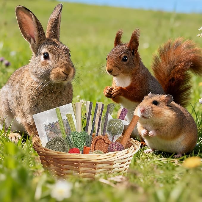 Rabbit Chew Toys, Treats for Guinea Pigs & Hamsters - Natural Chew Sticks & Balls Set for Small Animals, Dental Care Treats for Chinchillas, Bunny - 20+ Toys for Teeth Health (22 Pieces)