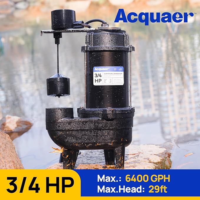 Acquaer Sewage Pump, Cast Iron, Automatic Tethered Float Switch, Sewage Effluent Pump for Sump Basin, Basement, Residential Sewage, 2'' NPT Discharge, Dark Black