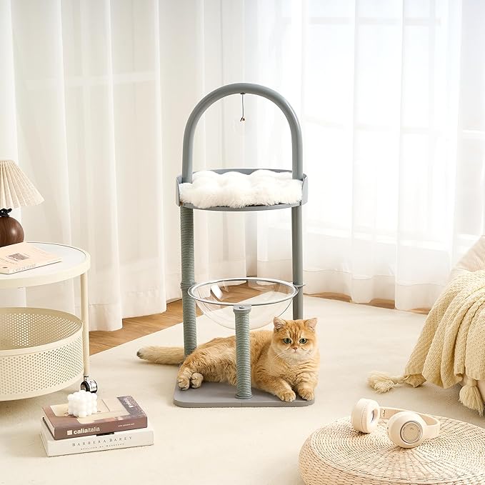 Modern Cat Tree, Wood Cat Tower with Steel Frame, Scratching Posts, Cat Capsule, Plush Mat, Bell Dangling Toy, Aesthetic Minimalist Heavy-Duty Cat Climbing Tree for Large Indoor Adult Cats-Grey