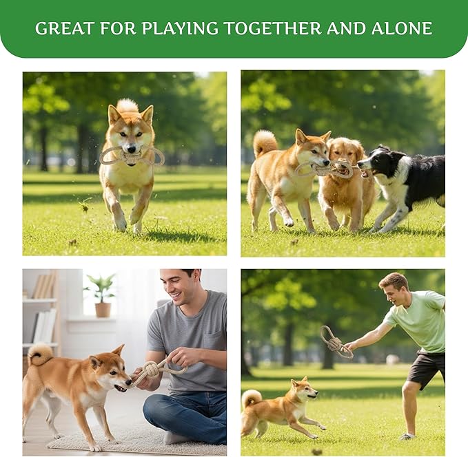 Natural Hemp Dog Rope Toy, Durable Chew and Tug Toy for Medium and Large Dogs, Biodegradable Dental Cleaning Pet Toy (Double Loop Ball)