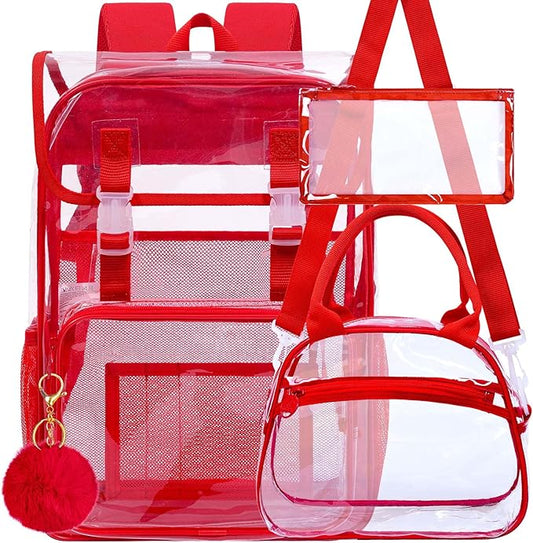 17" Flip Top Clear Backpack for Girls, 3Pcs Stadium Approved Set, Heavy Duty Transparent Bookbag for Gym/School (Red)