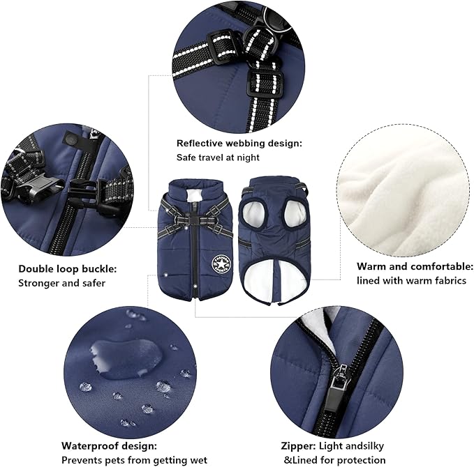 Aiboria Dog Jackets for Winter Windproof Waterproof 2 in 1 Outfit Cold Weather Coat Dog Vest Harness Puppy Winter Warm Jacket Large Blue 4XL