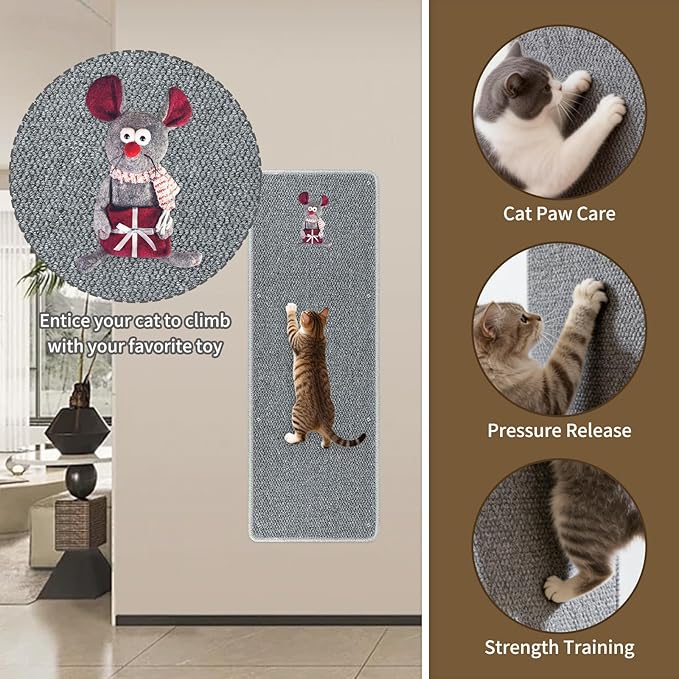 FHTONGE 39.4x15.8 Thickened Cat Wall Climbing Carpet with 16 Fixed Nails, Extra Large Tall Cat Scratch Pad for Wall, Wall Mounted Climbing Cat Scratcher for Furniture Couch Sofa Protector(Grey)