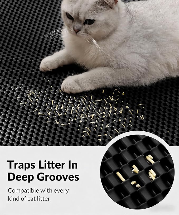 Cooyes Cat Litter Mat - Cut to Fit Any Place, 35"x23" Large Litter Trapping Mat for Litter Box, Easy to Clean, Waterproof & Non-Slip Kitty Pad, Scatter Control to Protect the Floor (Black)