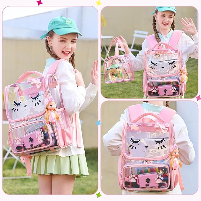 AO ALI VICTORY Clear Girls Backpacks Heavy Duty PVC Transparent Cute Backpack for Kids Toddler Girls Preschool Bookbags Elementary School Bag See Through Casual Travel Daypack, Pink