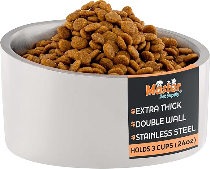 Master Pet Supply Stainless Steel Slanted Dog Cat Food Bowl - 24 oz Heavy Duty - Bone White, Double Wall Insulated, Non-Slip Elevated Bowl for French Bulldogs Pugs Cats, Anti Rust Dishwasher Safe