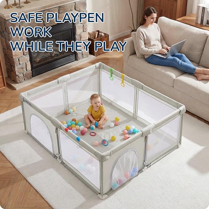 Foldable Baby Playpen, 1-Minute Setup, Lightweight Portable Playpen with Carry Bag, 59"x71" Indoor Outdoor Safty Play Yard for Babies & Toddlers, Beige