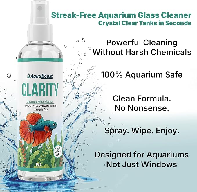 Aquarium Glass Cleaner & Water Spot Remover, 8 oz Kit | Streak-free, ammonia-free spray removes mineral deposits from aquarium glass, acrylic and plastic; includes microfiber cloth