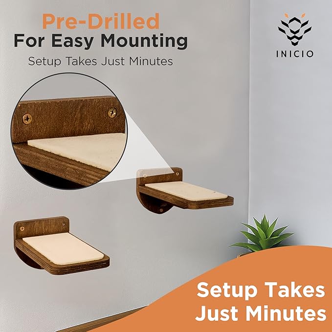 INICIO Cat Wall Stairs - Set of 3 Wall Steps for Cats to Climb with Fixtures, 8.7"x4.7" - Floating Steps for Climbing or Playing - for Kittens and Adult Cats, Dark Brown