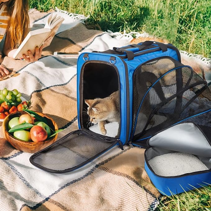Expandable Cat Carrier with Litter Box, Extra Large Cat Carrier for Car Travel, 17.3"x16.2"x13" Portable Soft-Sided Pet Carrier, Long Road Trip Cage for Large/Medium Cats up to 30 lbs