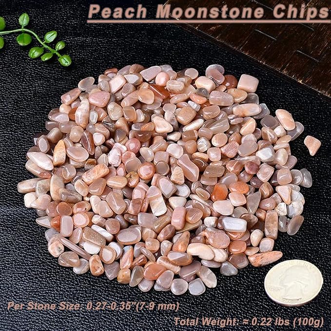 Erliway 100g Natural Peach Moonstone Crystal Chips 7-9mm Tumbled Stones | Small Crushed Crystal Stone, Polished Crystals Chips for Fish Tank, Healing Tumbled Rocks for Reiki Jewelry Making Home Décor