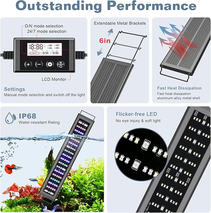 LED Aquarium Light Full Spectrum Fish Tank Light with RGB Brightness/Color Stepless Adjustment, 24/7 Day-Night Cycle Mode, Auto On/Off Timer, IP68 Waterproof (18W for 18'' - 24'' Tank)