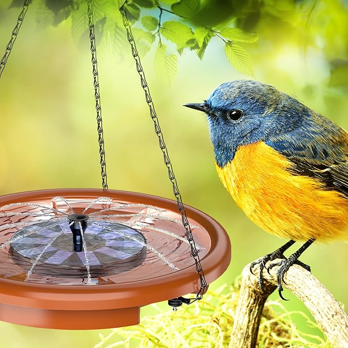 AISITIN 15" Hanging Bird Bath with Solar Fountain, Outdoor Hanging Bird Bath Bowl with 3-Tier Steps, Solar Powered Water Fountain for Bird Bath, Feeder, Drinking, Garden Patio Lawn Backyard
