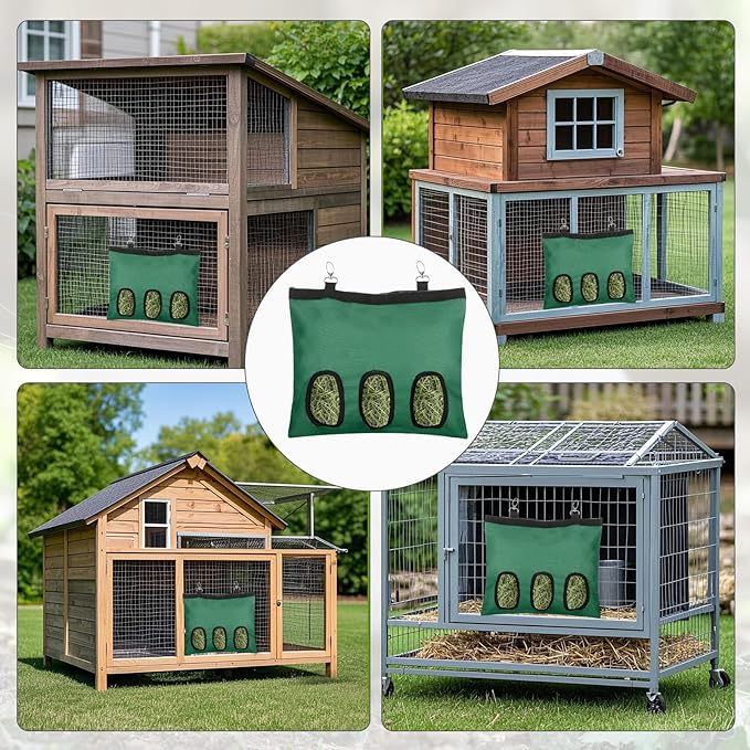 2 Pcs Rabbit Hay Feeder,Guinea Pig Hay Feeder,13×10.8 Inch Guinea Pig Bag,Small Animal Feeding Bag for Rabbits, Hamsters, Hedgehogs(3 Holes,Green)