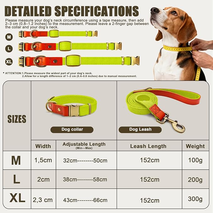 Dog Collar and Leash Set with Metal Quick Release Buckle, Adjustable, Breathable Nylon, Durable, Soft and Comfortable, No Pull for Walking and Training, Fluorescent Yellow, L (14.9"-22.8")