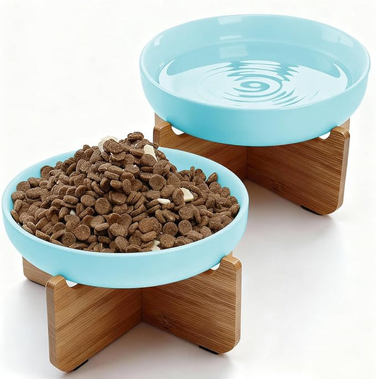 Shallow Elevated Cat Bowls with Bamboo Stand, 6.1 Inch Wide Ceramic Cat Dish Whisker Friendly, 2 Pack Pet Food and Water Plates