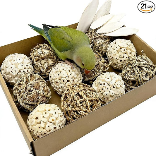 Bird Toys Sola Balls Parakeet Toys Natural Soft Chew Grass Balls with Cuttlebone for Parrots Conures Rabbits Hamster Guinea Pig Chinchilla(Style 2, 18 PCS)