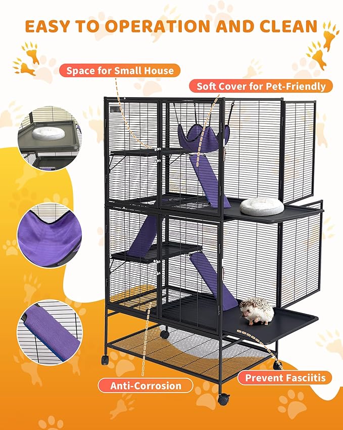 Garvee Metal Small Animal Cage,64 in H Ferret Cage for Small Animals - 4 Tier Large Hamster Cage with Removable Ramp, Hammock, Extra Storage Stand,Removable Tray for Ferret, Chinchilla, Hamster