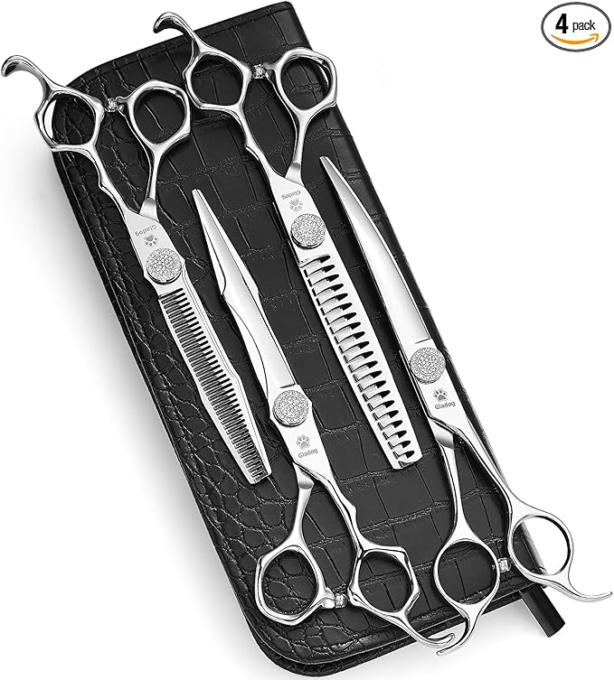 GLADOG Luxury Dog Grooming Scissors Set - 7" Straight, 6.5" Thinning, 7" Chunkers, 7" Curved - 9CR Steel, Silver Luxe, Right Hand, Plastic Handle, 4 Count
