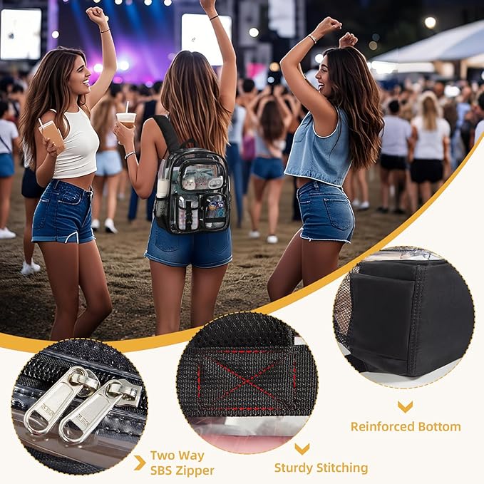 Mini Clear Backpack for Stadium Approved 12x6x12, Small Transparent Backpacks Plastic See Through Clear Bag for Kids Girls Women for Sporting Event, Concerts, Work, Festival (Black)