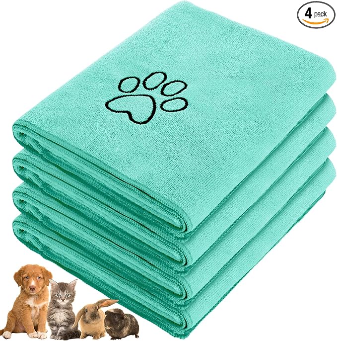 Chumia 4 Pack Dog Towels for Drying Large Microfiber Grooming Tools Absorbent Soft Bath Supplies with Embroidered Paw for Small Medium Pet Products (30 x 50 Inch,Light Green)