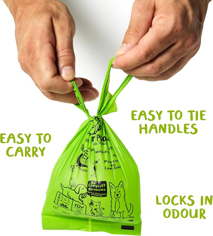 Planet Poop Compostable Dog Poop Bags for Small Pets, Large Single Roll 200 Mini Size Grab & Go, Biodegradable Un-Scented Dog Waste Bags with Handles, Leakproof Doggy Cat Bag, Plant Based Pet Supplies
