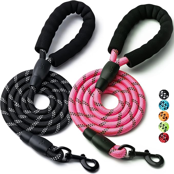 2 Pack Dog Leash, 4/5//6 FT Heavy Duty Nylon Rope Pet Leashes with Comfortable Padded Handle, Reflective Dog Leashes for Small Medium and Large Dogs (5FT-3/8,Black/Pink)