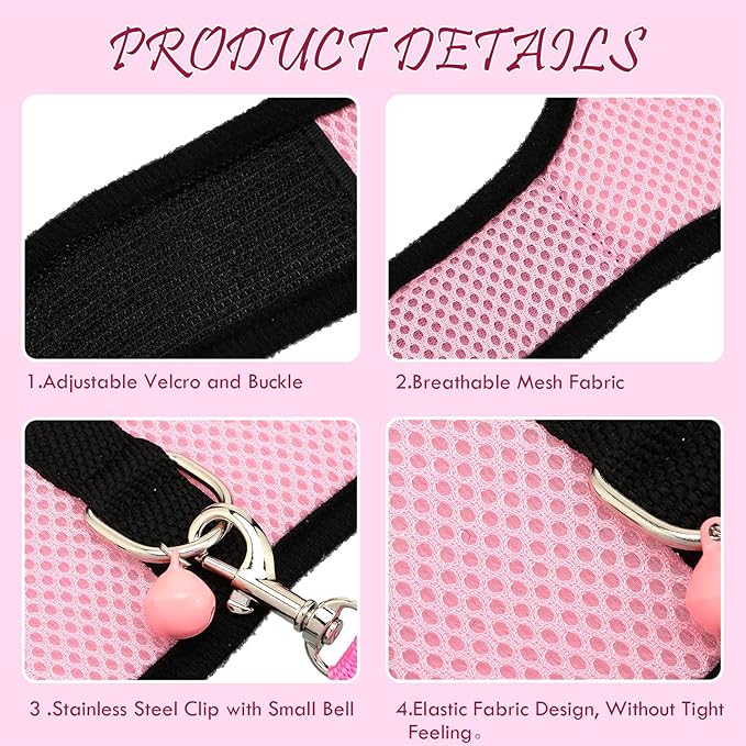 SATINIOR 2 Sets Guinea Pig Harness and Leash Adjustable Soft Mesh Harness Bell No Pulling Comfort Vest for Baby Ferret Rats Hamster Bunny Rabbit Chinchilla and Small Pet (Pink, Blue, S)