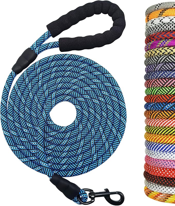 MayPaw Heavy Duty Rope Dog Leash, 3/6/8/10/12/15/20/30 FT Long Dog Lead Nylon Pet Leash, Soft Padded Handle Thick Lead Training Leashes for Large Medium Dogs (20ft * 1/2", Blue Black)