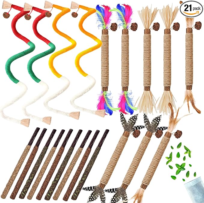 Cat Toys for Indoor Cats 21pcs Kitten Chew Self Play Kitty Dental Rope Interactive Catnip Toy Refillable Matatabi Treats for Cleaning Teeth Lickable Silvervine Feather Sticks