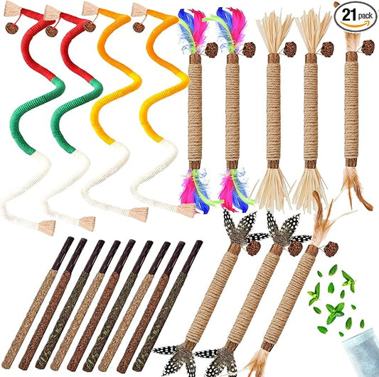 Cat Toys for Indoor Cats 21pcs Kitten Chew Self Play Kitty Dental Rope Interactive Catnip Toy Refillable Matatabi Treats for Cleaning Teeth Lickable Silvervine Feather Sticks