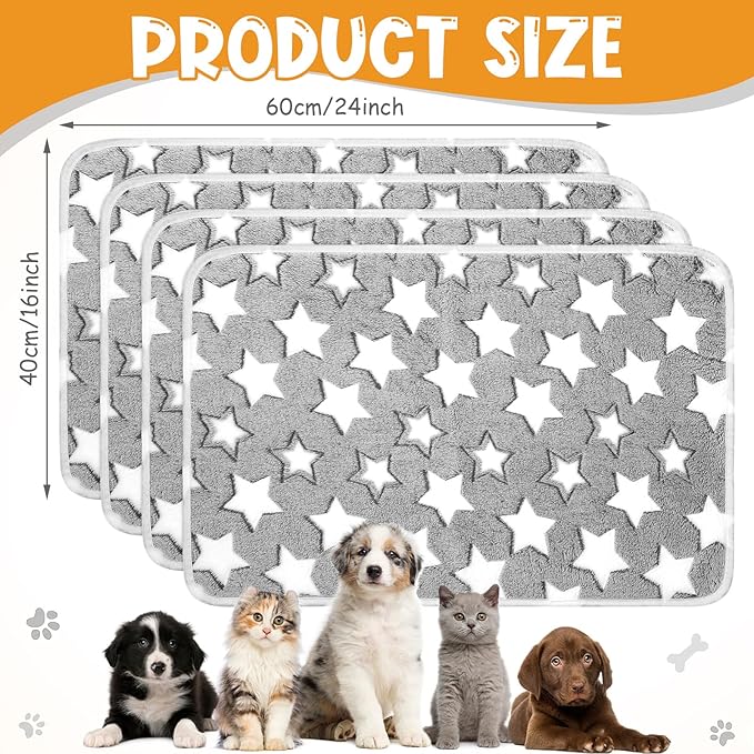 Tatuo 4 Pack Fleece Dog Blankets for Puppy Cats Multi-Size Sleep Mat for Pet Guinea Pig Soft Washable Crate Bed Puppy Teething Toys Print Pattern Warm Blanket Indoor(White,Grey,24 x 16 Inch,Star)
