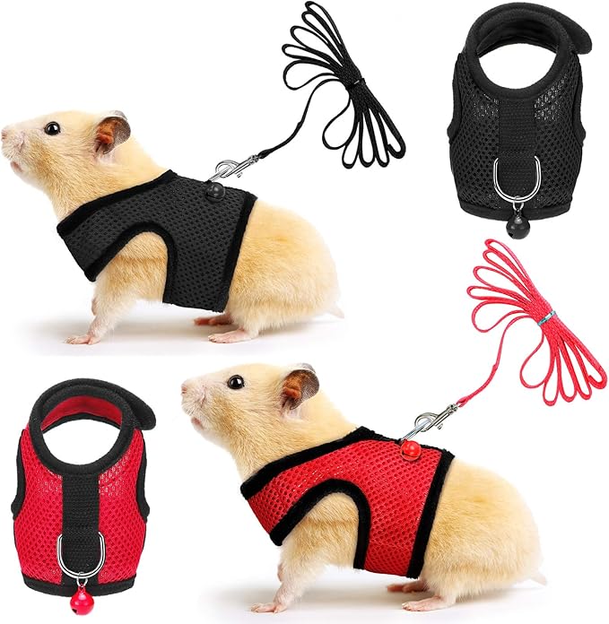 SATINIOR 2 Sets Guinea Pig Harness and Leash Adjustable Soft Mesh Harness Bell No Pulling Comfort Vest for Baby Ferret Rats Hamster Bunny Rabbit Chinchilla and Small Pet(Black, Red,S)
