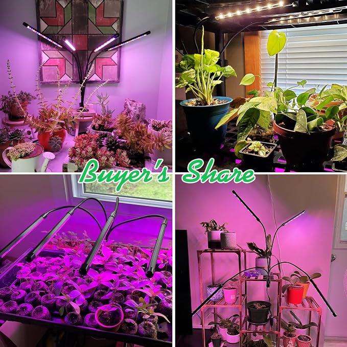 Grow Light, 4 Head Full Spectrum Plant Light with Clip, 2Pack | 6000K Plant Light, Timer 6/12/16Hrs, 3 Spectrums, 5 Dimmable Levels, Flexible Gooseneck