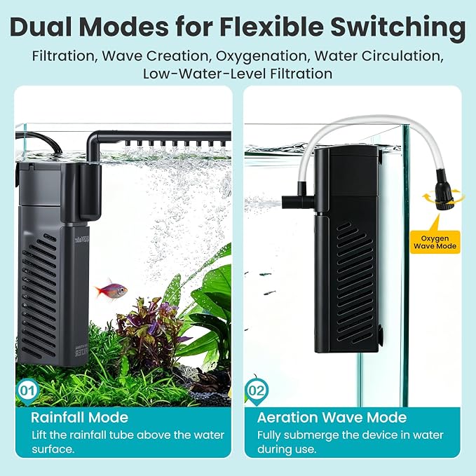 Aquarium Filter, Fish Tank Filter, Suitable for 10-20 Gallon Fish Tanks, 5W 110GPH with Two Modes Switching Function.