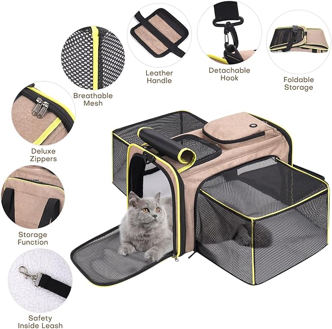 Expandable Cat & Dog Carrier, Large Expandable Collapsible Travel Bag with Safety Zippers, 3 Open Doors, Removable Fleece Pad for Puppies & Small Animals, Airline Approved (Brown)
