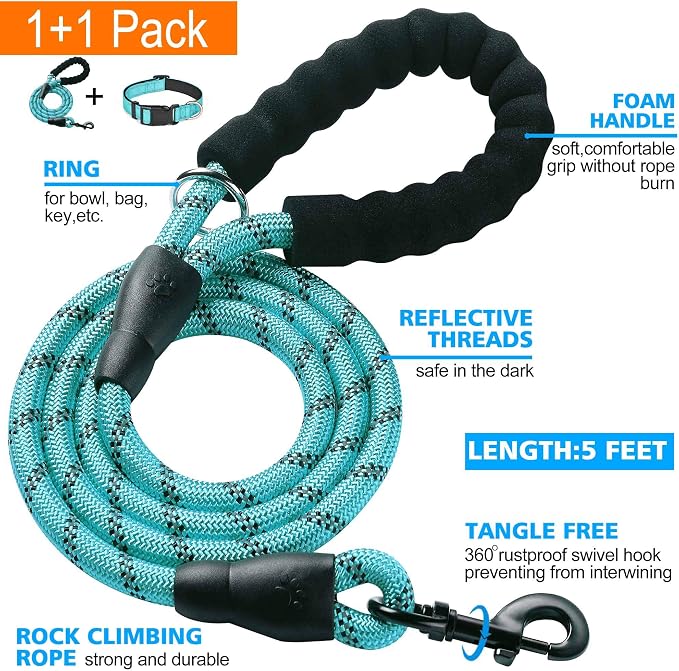Ladoogo Reflective Dog Collar Padded with Soft Neoprene Breathable Adjustable Nylon Dog Collars for Small Medium Large Dogs (Medium (Pack of 1), Blue Collar+Leash)