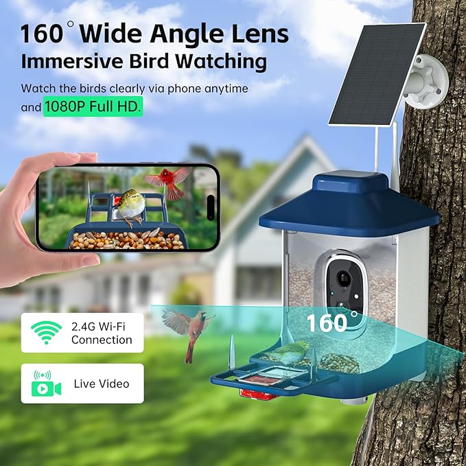 Bird Feeder with Camera, AI Bird Identification, Full HD Live Video, Solar Powered, 2.4Ghz WiFi, Instant Arrival Alerts - Best Gifts for Bi rd Lover