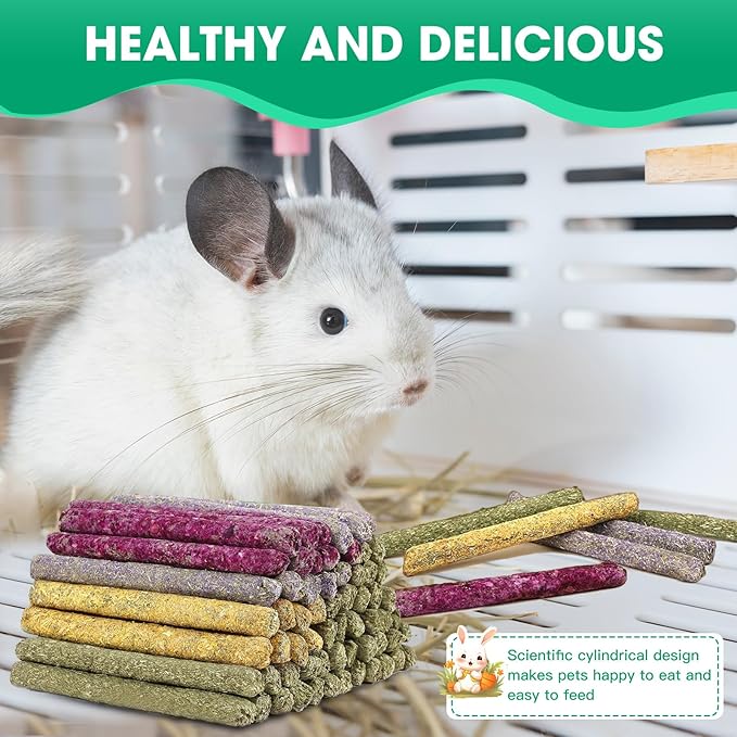Jorewood 33 Pcs Rabbit Chew Sticks, Rabbit, Guinea Pig Toys, Natural Timothy Grass Molar Teeth Stick, Mixing Flowers Chewing Toy, Small Animals Treats