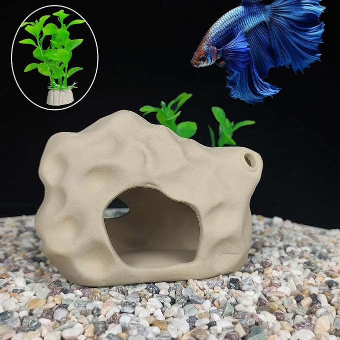 SpringSmart Aquarium Decor Rock Cave for Fish Shrimp Turtle Crab, Betta Fish Tank Decorations Ceramic Hiding Stone, Fish Bowl Landscape Rock with Plastic Plant