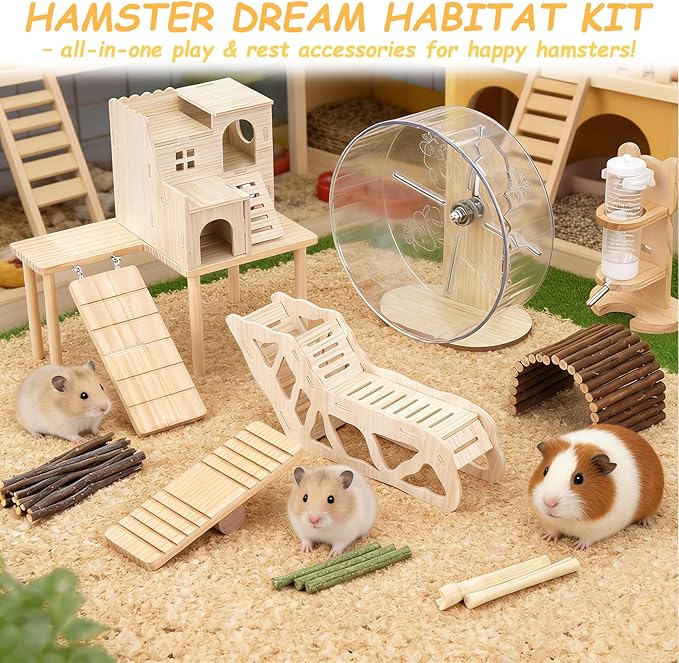 Hamster Toys Complete Set - Noiseless Silent Exercise Wheel, Maze Wood House, Stand, Chew Toys & Water Bottle Cage Accessories for Hamster, Rat, Mice Small Animal Habitat