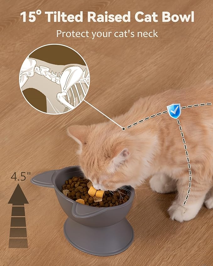 MateeyLife Raised Cat Bowls, Cat Food Bowl Elevated for Kittens & Small Dogs, 15°Tilted Protect Pets' Neck and Anti Vomiting, Whisker Friendly Food & Water Feeding Bowl, 6 oz Each - Gray