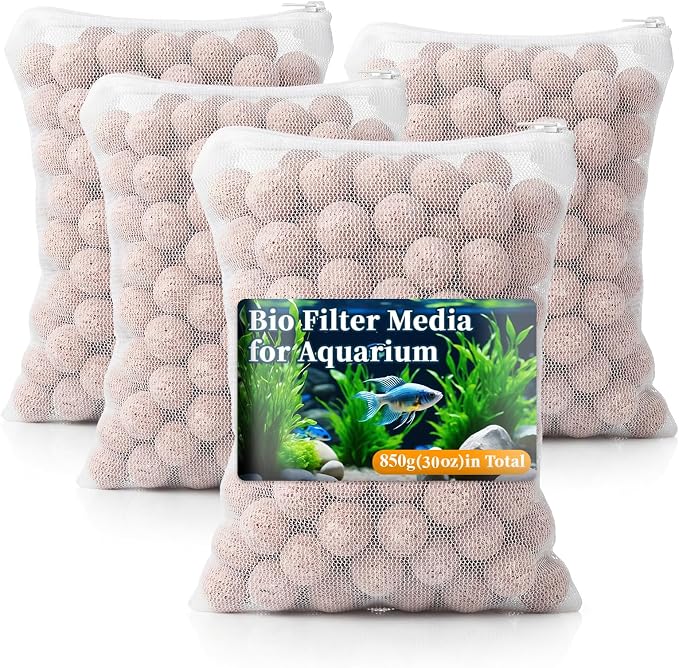 Sukh 30oz Ceramic Bio Balls - Aquarium Filter Media with 4 Mesh Bags | Porous Spheres for Fish Tank, Sump, Pond, Canister Filters, Freshwater Systems, Koi Ponds, Media Bag Use & Easy Water Flow