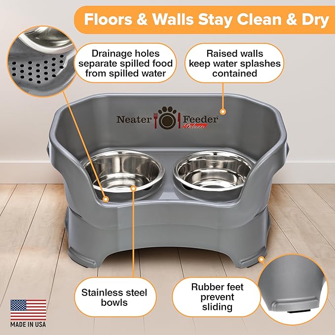 Neater Pet Brands Neater Feeder Deluxe Mess Proof Dog Bowls Elevated for Medium Dogs 19-40 lbs, Made in USA, No Spill Raised Dog Food Bowl Stand Feeding Station, Food and Water Bowl Set, Gunmetal