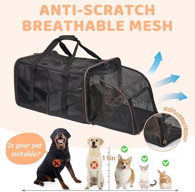 Large Cat Carrier for 2 Cats with 2 Litter Boxes, A.FATI Expandable Foldable Double Pet Carrier with Removable Divider, Breathable Mesh Oxford Cat Travel Crate for Car/Camping/Vet, Black