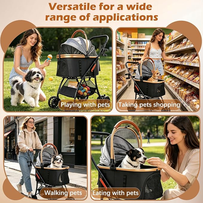 Pet Stroller for Small Medium Dogs & Cats – 3-in-1 Detachable Carrier, Zipperless Entry, Lightweight Folding Travel Stroller with Storage Basket, Cup Holder, Gray