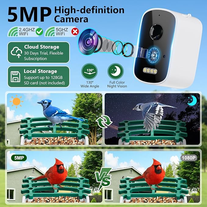 Smart Bird Feeder with Camera, AI Bird Species Identification Solar Powered Panel, 2.5k HD Video Bird House with Camera for Outside Garden, Ideal Gifts for Lover,Valentine's Day, Green